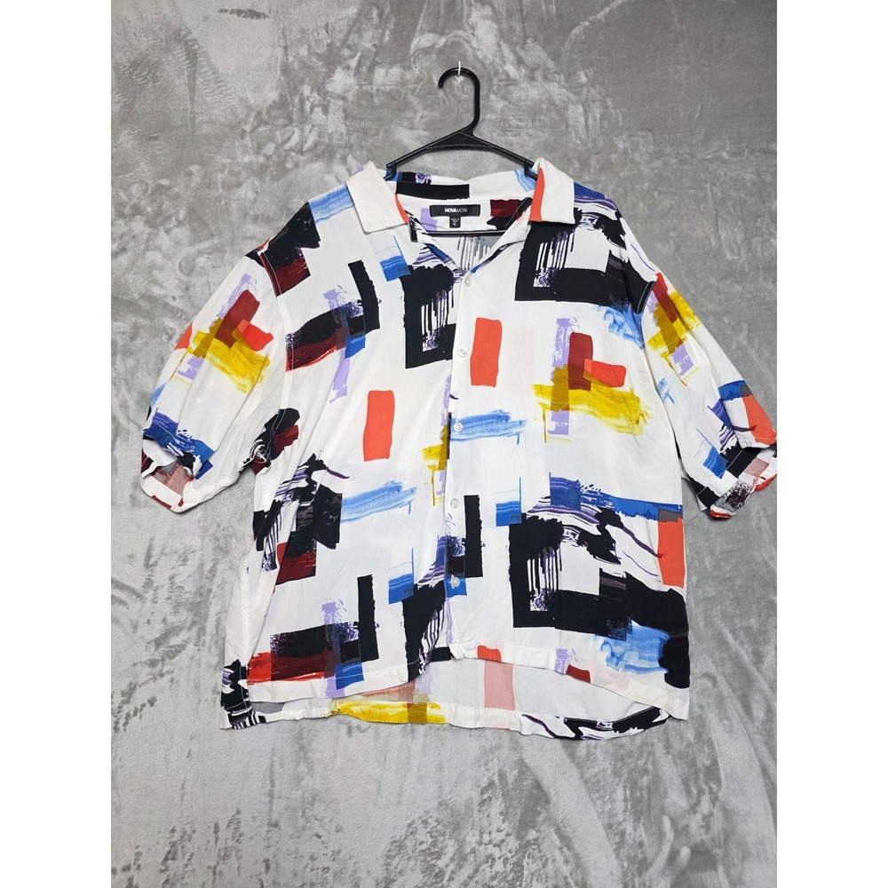 NovaMen Abstract Geometric Print Short Sleeve Viscose Button Up Shirt Mens XL